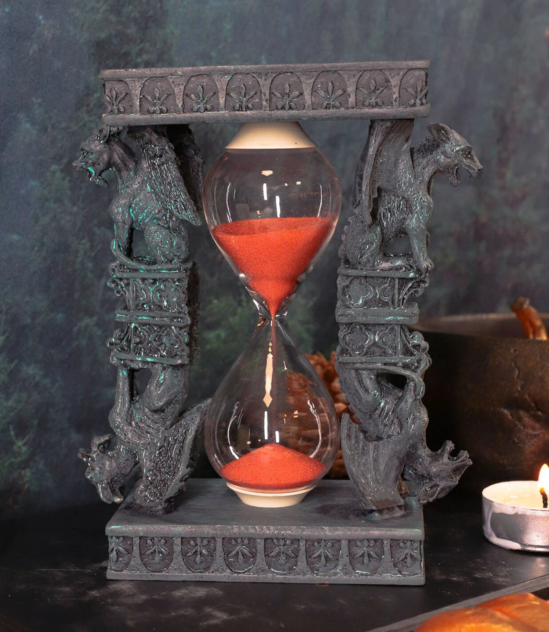 Gothic Winged Stoic Gargoyle Pillars Rooftop Invertible SandTimer Figurine-1