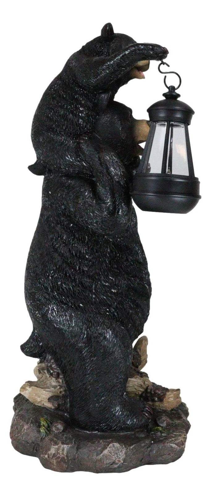 Rustic Black Bear Carrying Cub On Shoulder Statue Solar LED Lantern Light Decor-3
