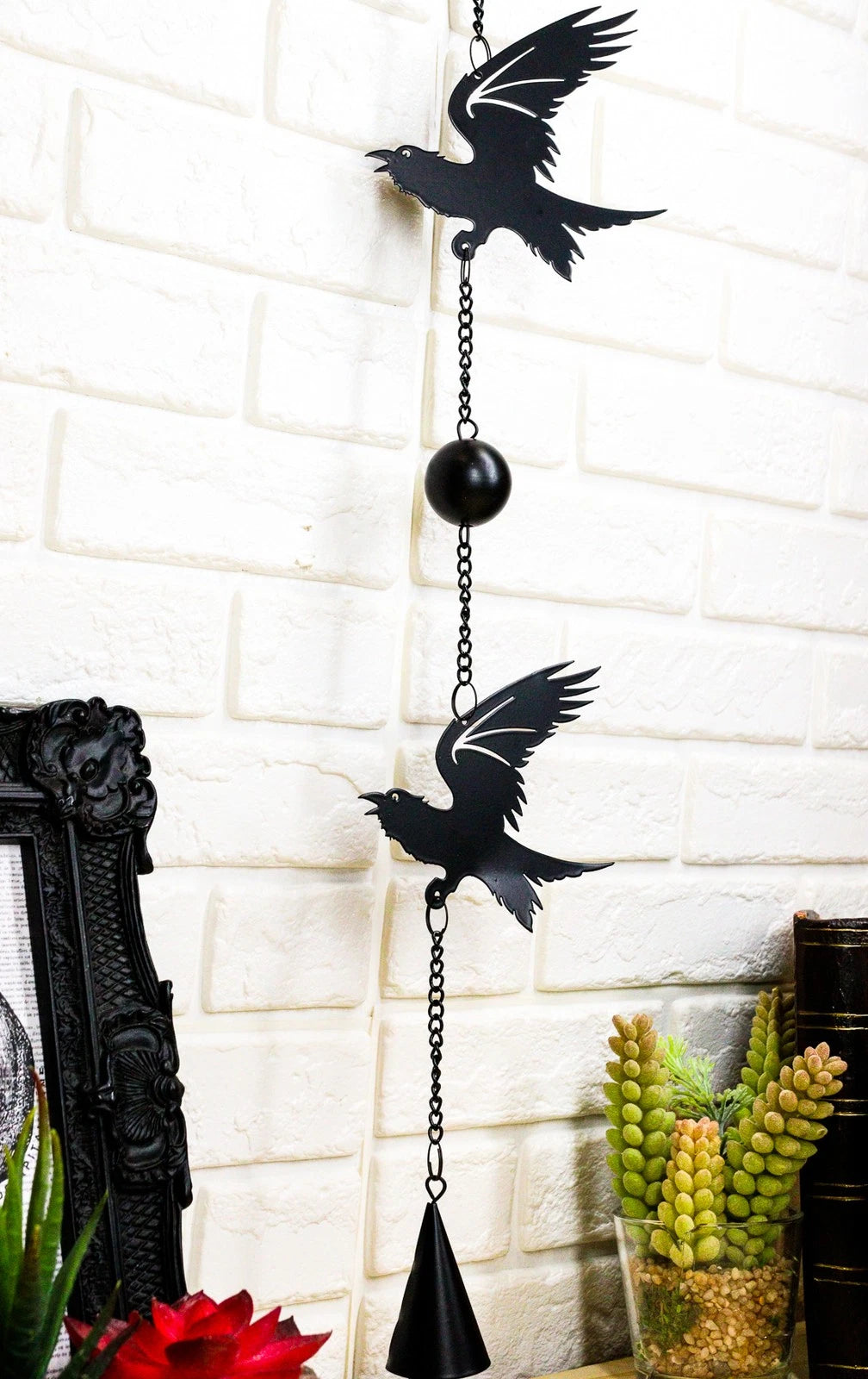Gothic Bad Omen Trio Crow Ravens Metal Wall Hanging Mobile Wind Chime With Beads-3