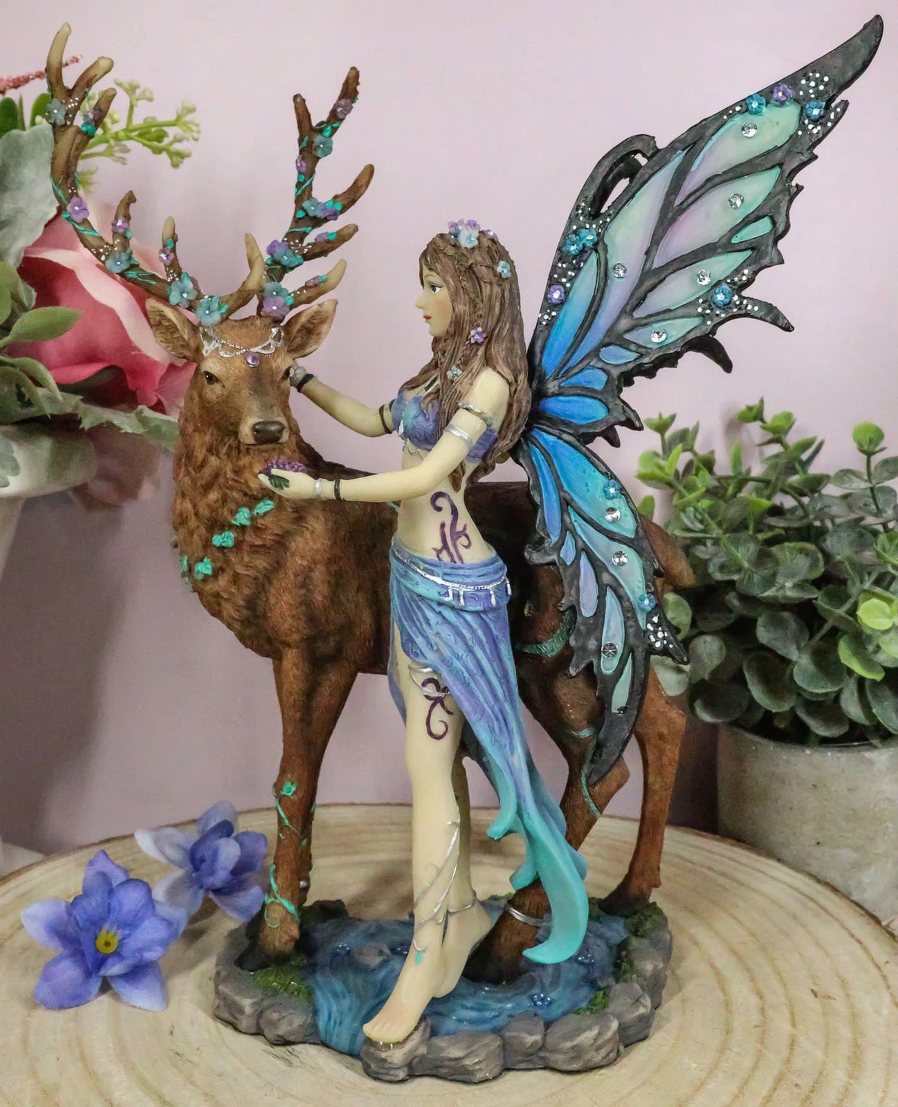 Butterfly Fairy With Stag Figurine Enchanted Forest Faerie Avalon & Emperor Deer-3