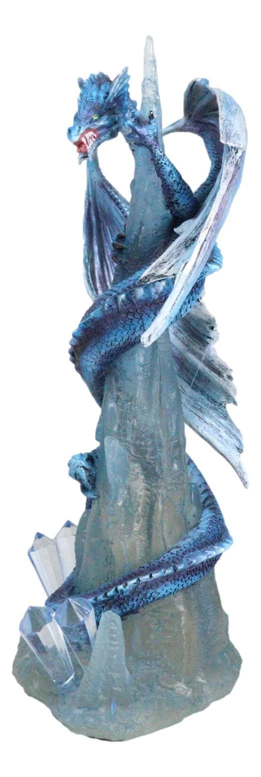 Frozen Stalactite Blue Dragon Serpent On Spiky Ice Mountain Cliff Figurine-3