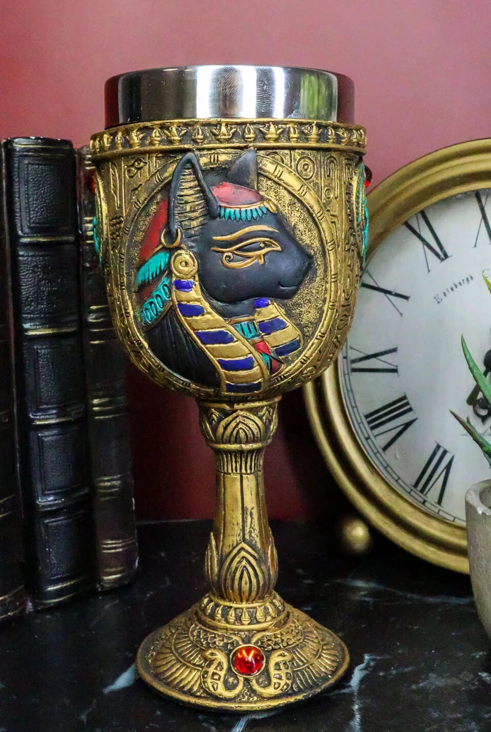 Egyptian Goddess Of Home And Women Bastet Cat With Scarab Wine Goblet Chalice-1