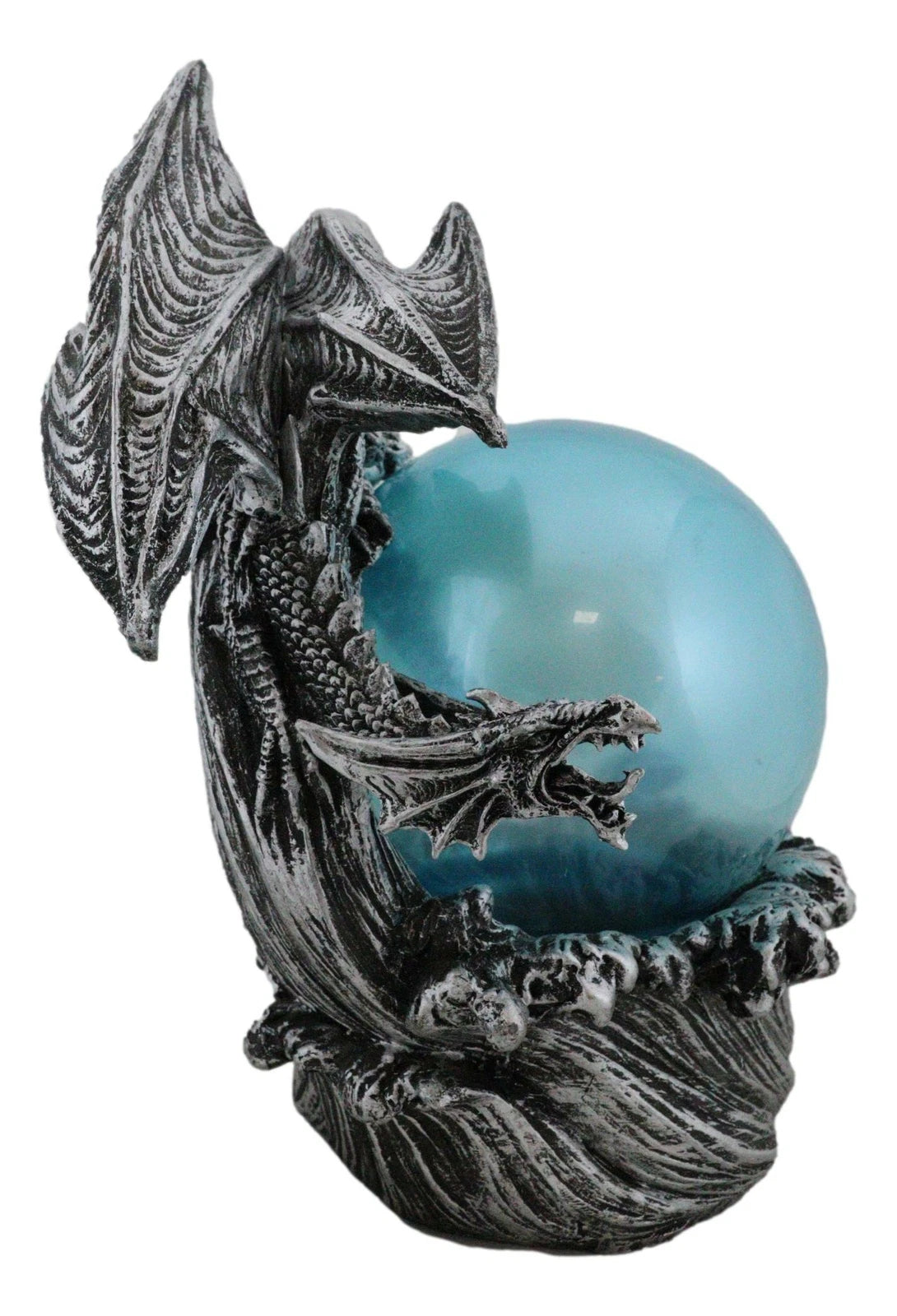 Silver Ocean Dragon Riding Tidal Sea Waves With Colorful LED Sphere Orb Figurine-3