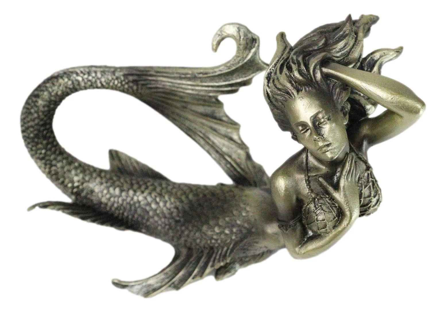 Nautical Aged Bronze Resin Seductive Mermaid Siren With Fishnets Figurine 7"L-5