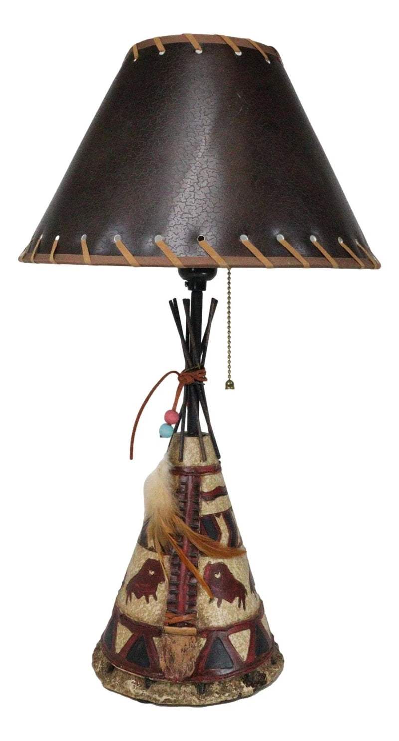 Southwestern Indian Bisons Buffalo Teepee Hut Dreamcatcher Feathers Table Lamp-6