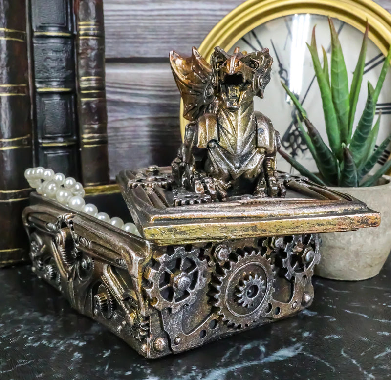 Bronzed Steampunk Cyborg Dragon Jewelry Box Figurine 9.5"L Robotic Serpentine-2