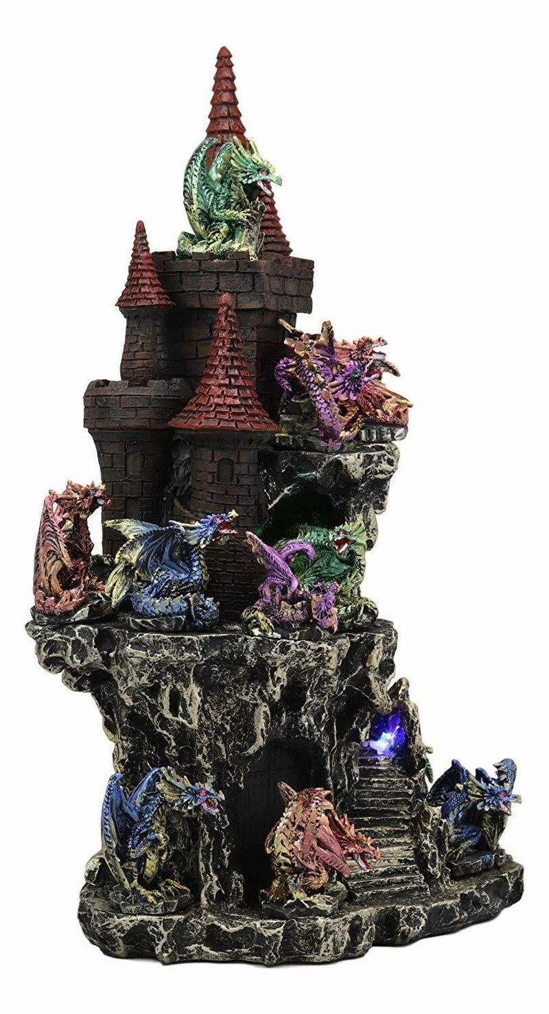 Medieval Rocky Cliff Castle LED Light Display Stand With 12 Mini Dragons Statue-2