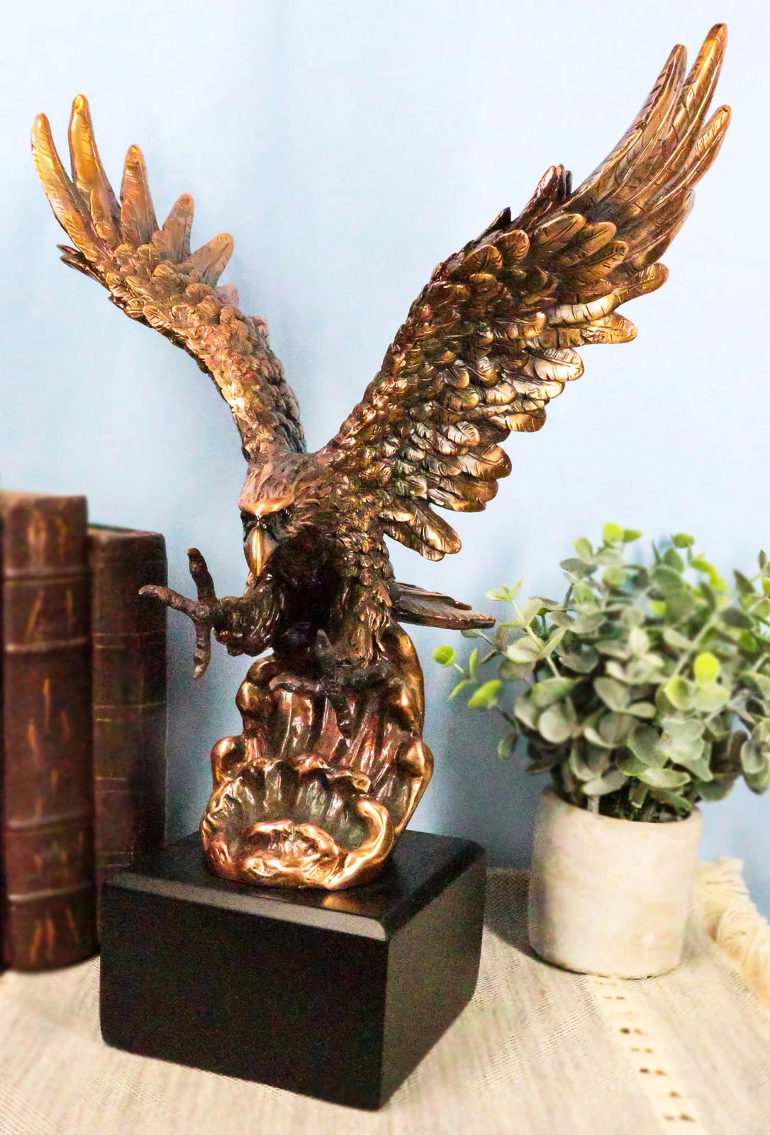Electroplated Bronze Resin Bald Eagle With Open Wings Swooping Over Water Statue-1