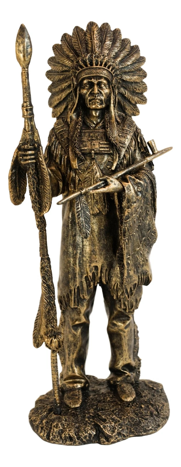Native American Indian Chief With Eagle Roach Spear And Chalumet Pipe Statue-4
