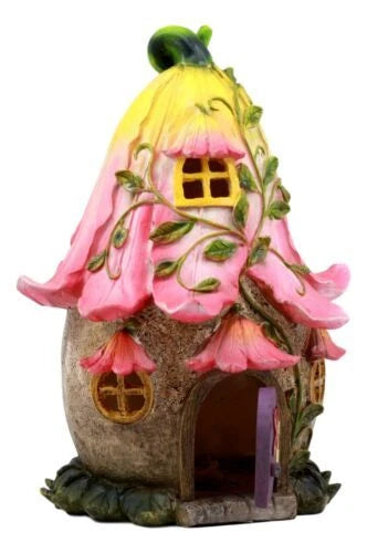 Mini Enchanted Fairy Garden Trumpet Lily Cottage Light Up House W/ Door Figurine-4