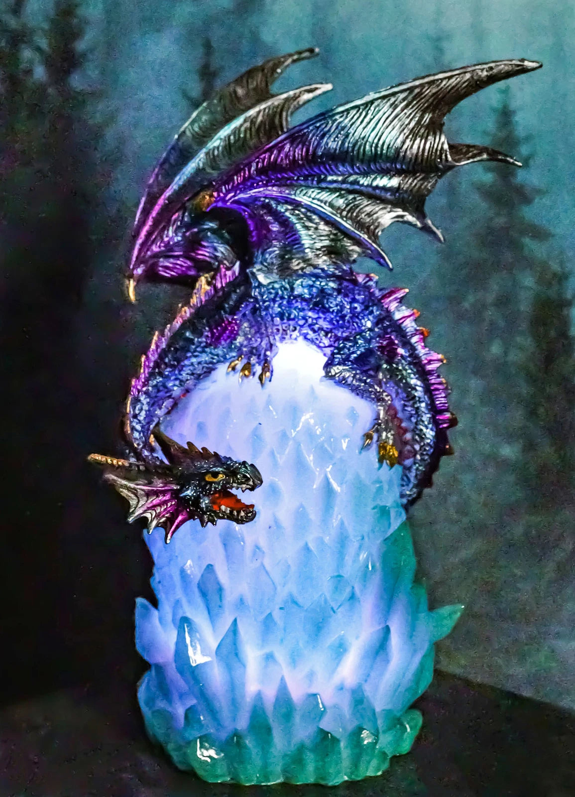Blue Rainbow Armored Dragon Guarding LED Lantern Acrylic Crystal Egg Figurine-2