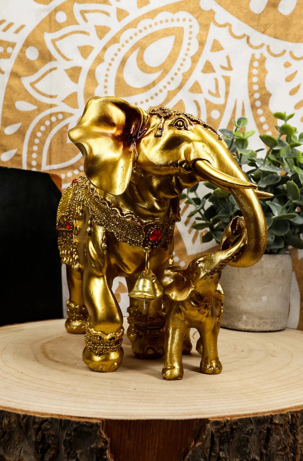Estatua familiar de elefante dorado con cría, auspiciosa, según el Feng Shui y el budismo.-3