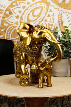 Estatua familiar de elefante dorado con cría, auspiciosa, según el Feng Shui y el budismo.-3