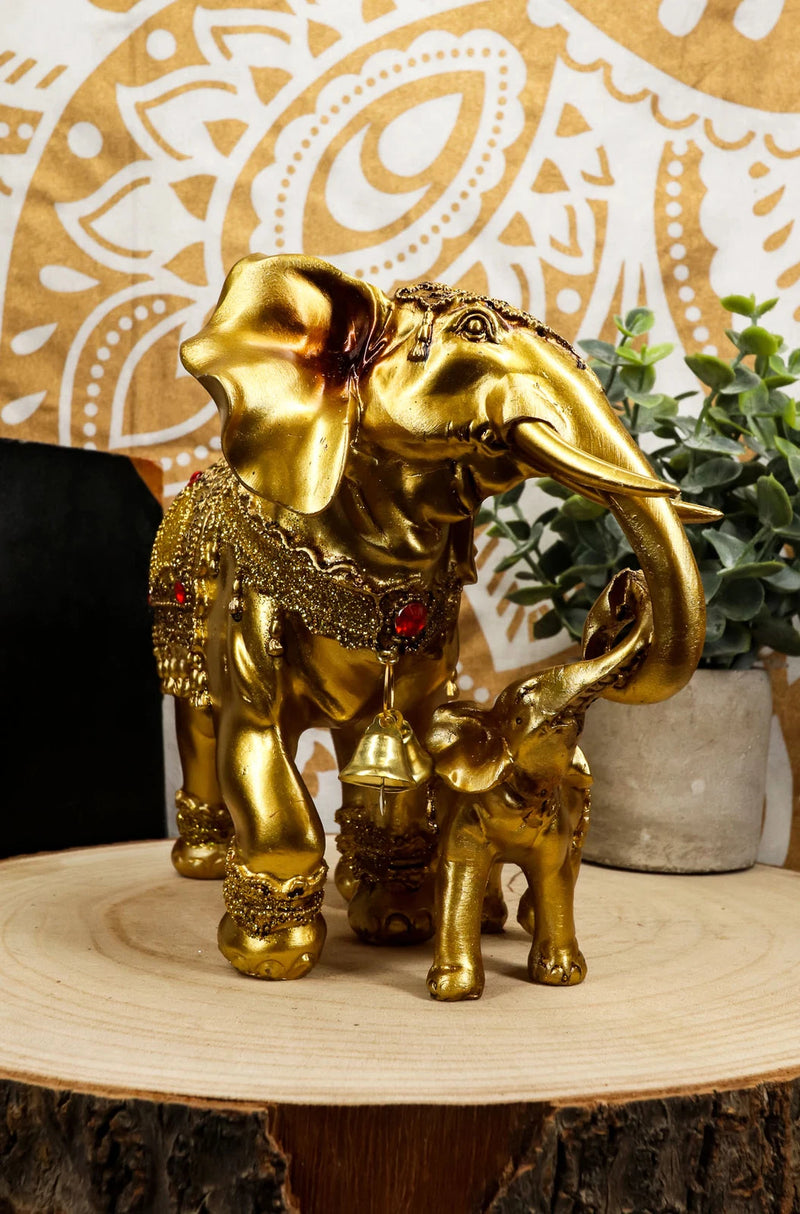 Estatua familiar de elefante dorado con cría, auspiciosa, según el Feng Shui y el budismo.-3