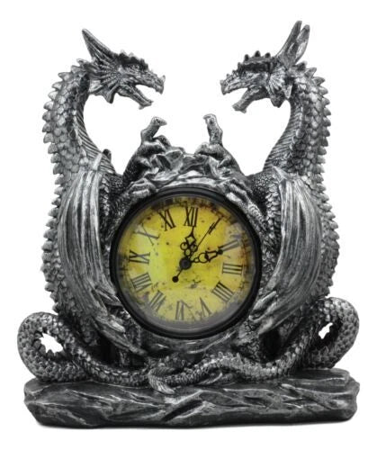 Gothic Twin Dragons Table Clock Statue With Roman Numerals In Metallic Look 11"H-4