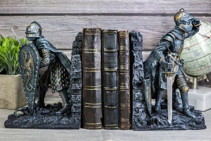 Medieval Dragon Bookends, Knight Armor Statue 8" Tall, Pair of Desk or Shelf Decor, Fantasy Knight Figurines, Suit of Armor Home Accent, Gothic Office Display, Tabletop Collectible Gift-1