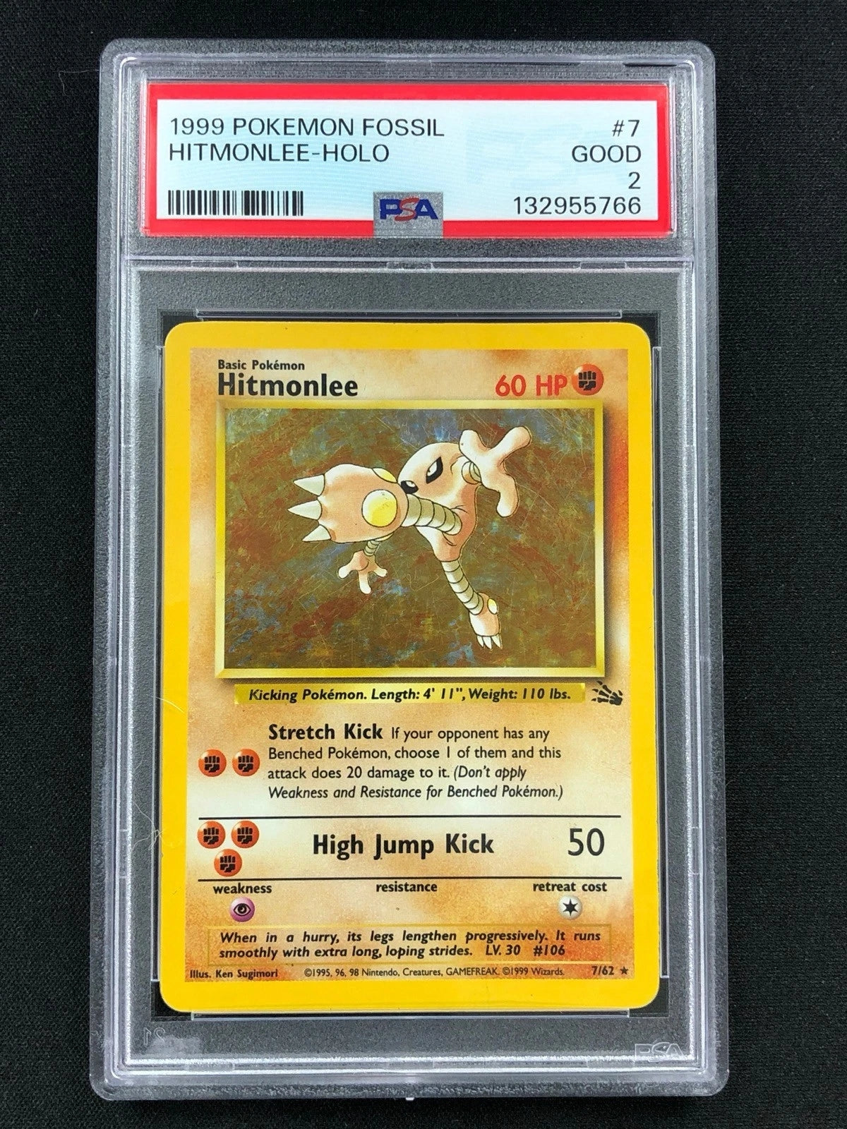 Pokemon 1999 Hitmonlee Holo Fossil 7/62 PSA 2