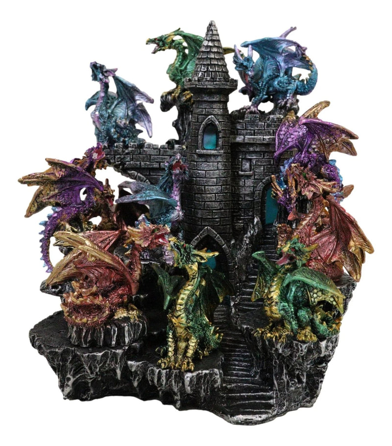 Juego de 12 mini dragones medievales coloridos en la montaña del castillo de Stonewall.-3