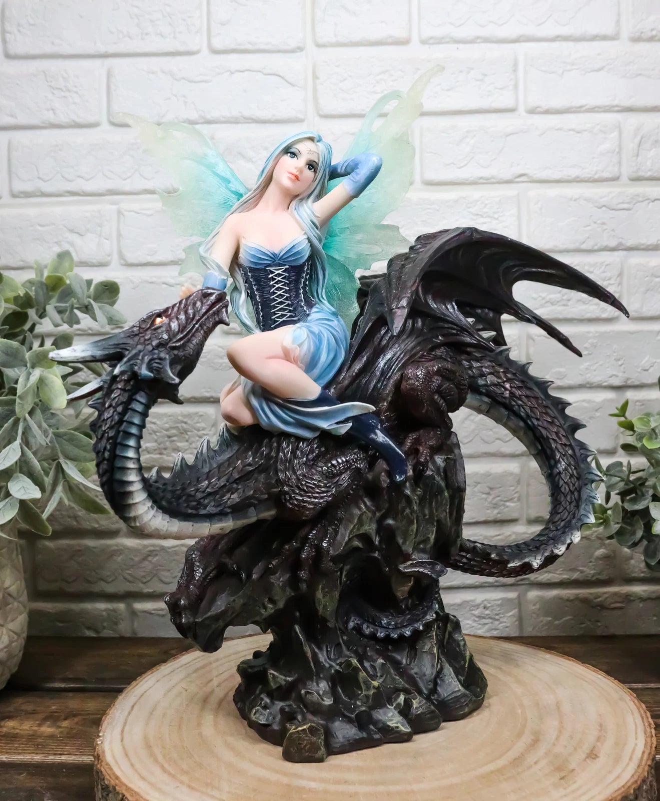Large Ice Elemental Fairy With Night Fury Dragon Statue 14"L Fantasy Witch Fairy-4