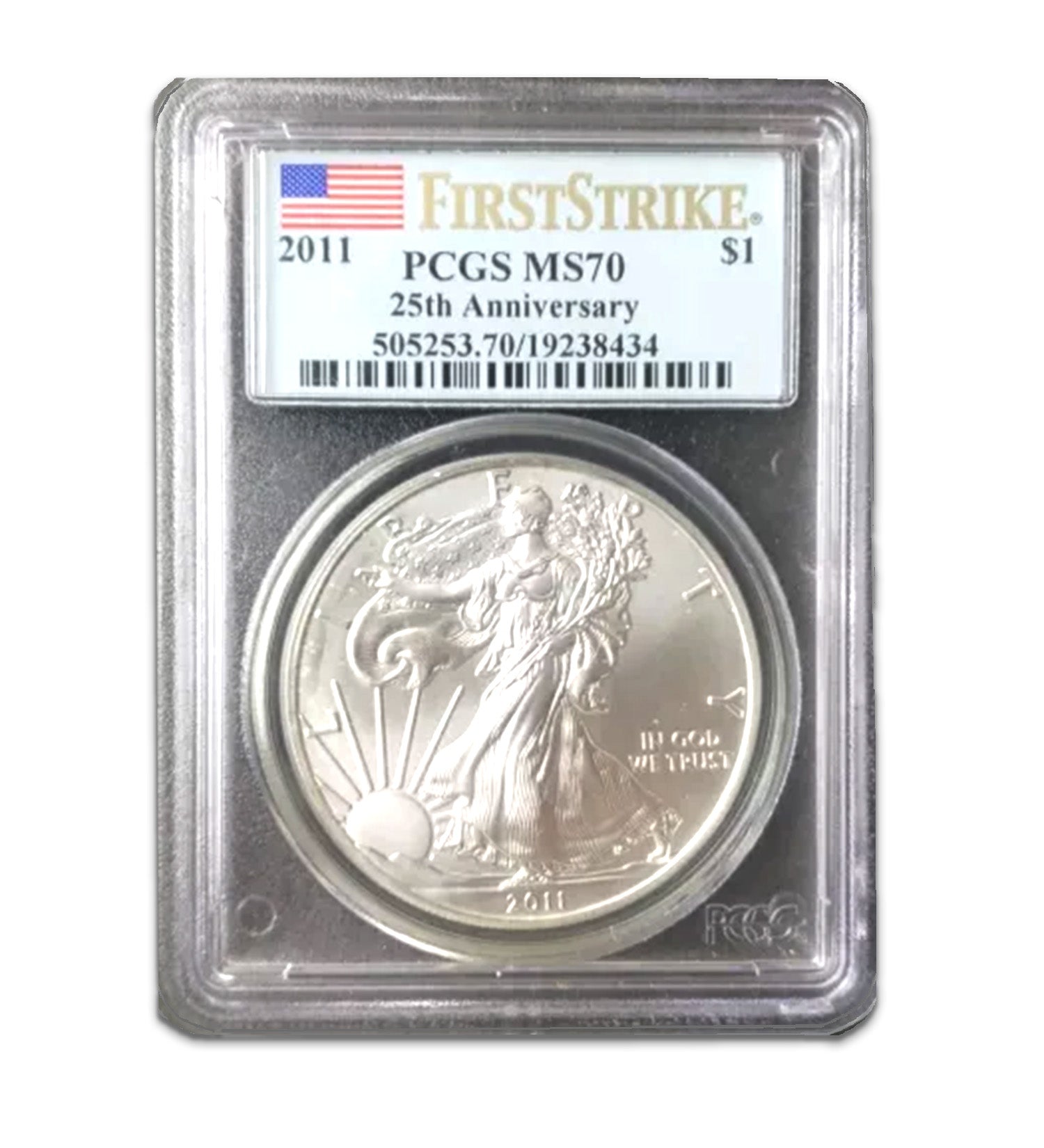 American Silver Eagle MS70 PCGS de $1 de 2011 - 25.º aniversario - Primer impacto-1