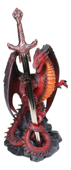 Figura de dragón de hoja viuda de roca volcánica de lava roja con espada abrecartas-3