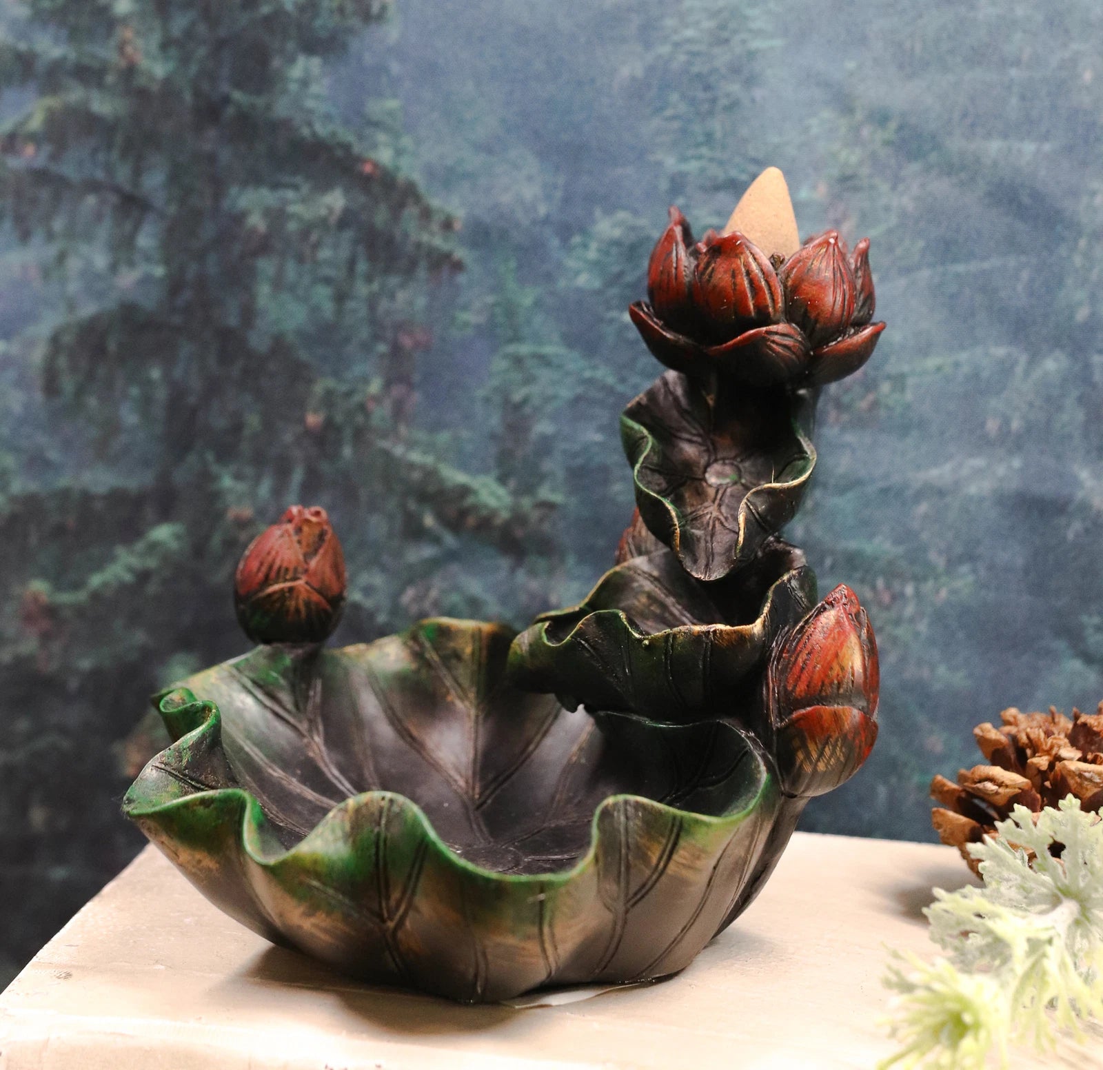 Zen Lotus Blossom Backflow Incense Cone Burner Tower Statue 4.25"Tall-3