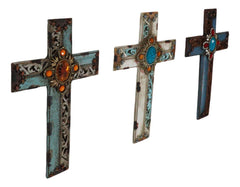 Pack Of 3 Rustic Western Tuscany Scrollwork Turquoise Amber Gems Wall Crosses-3