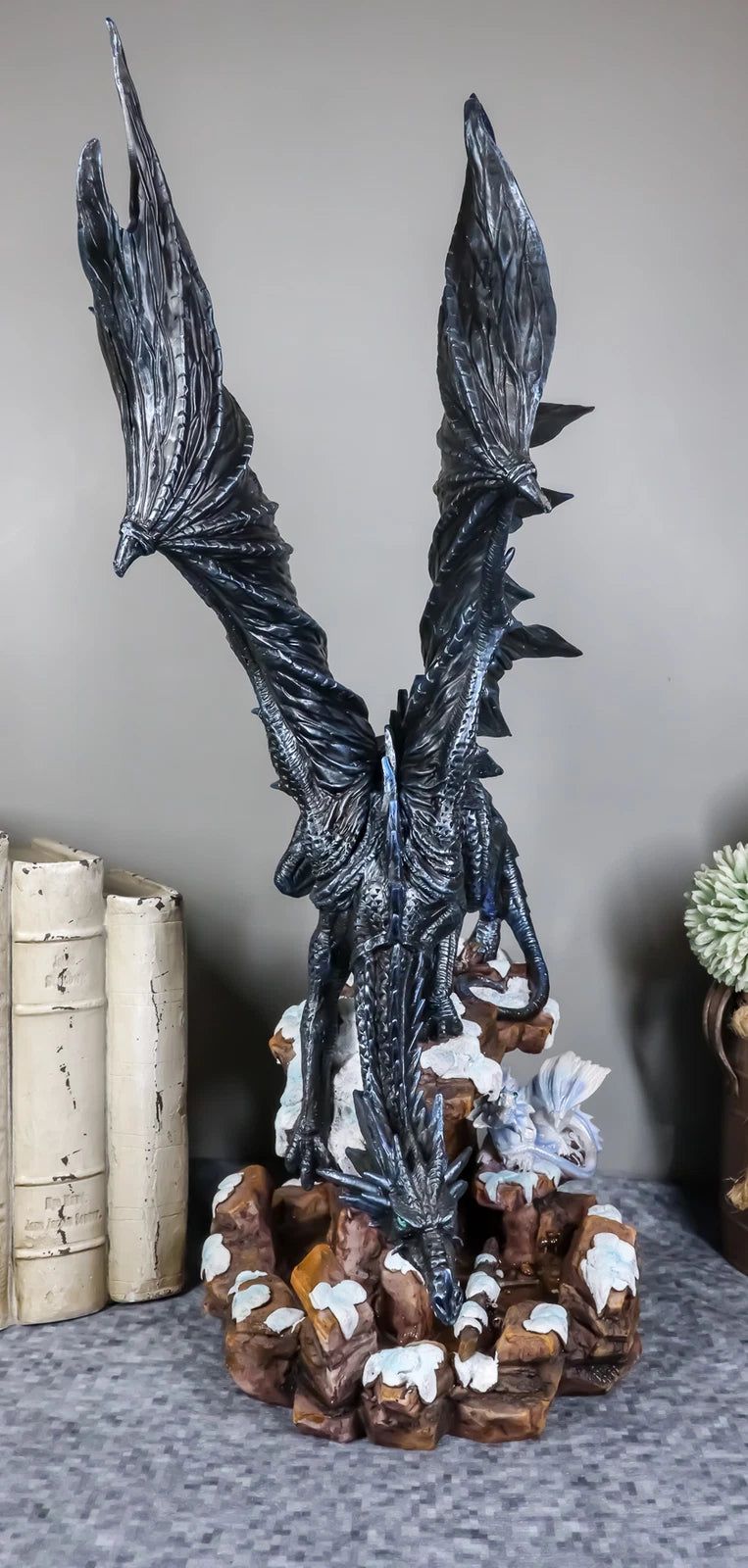 Large Dark Dragon with Frozen Ice White Baby Hatchling Statue 18.5" Tall-3