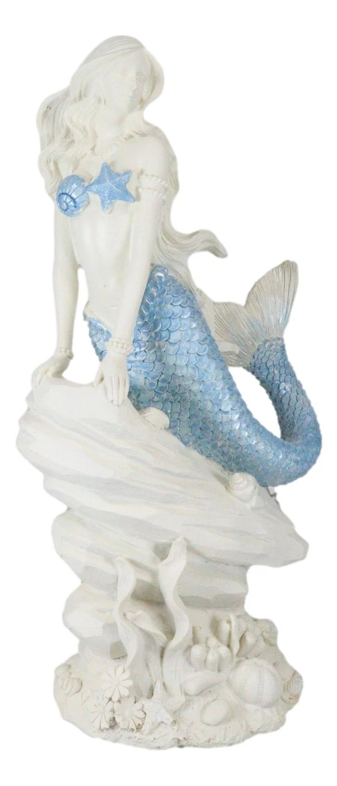Figura de sirena de cola azul océano sentada sobre una roca marina, 11.5" de alto-5