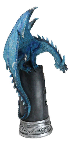 Blue Elemental Ice Dragon Perching On Medieval Stonewall Castle Tower Figurine-3