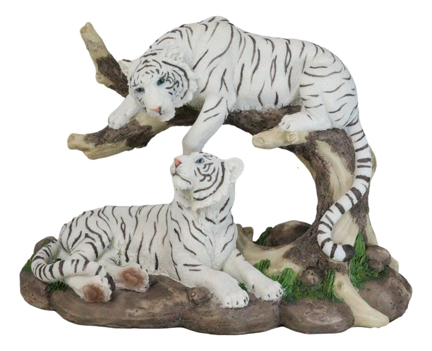 Figura de árbol curvado de pareja de tigres blancos de Bengala siberianos que retozan en la jungla-3