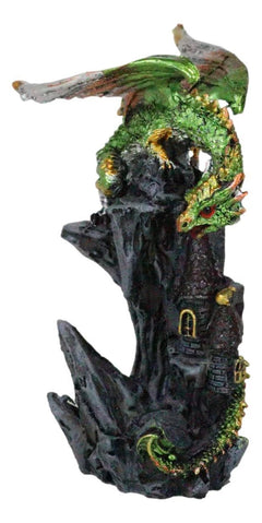 Metallic Golden Green Dragon Guarding Castle Tower On Mountain Cliff Figurine-7