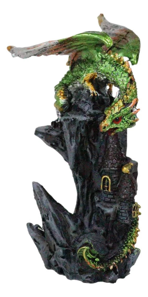 Metallic Golden Green Dragon Guarding Castle Tower On Mountain Cliff Figurine-7