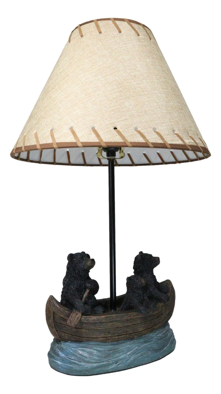 Rustic Woody Forest River Run Black Bears With Cub Rowing Canoe Boat Table Lamp-8