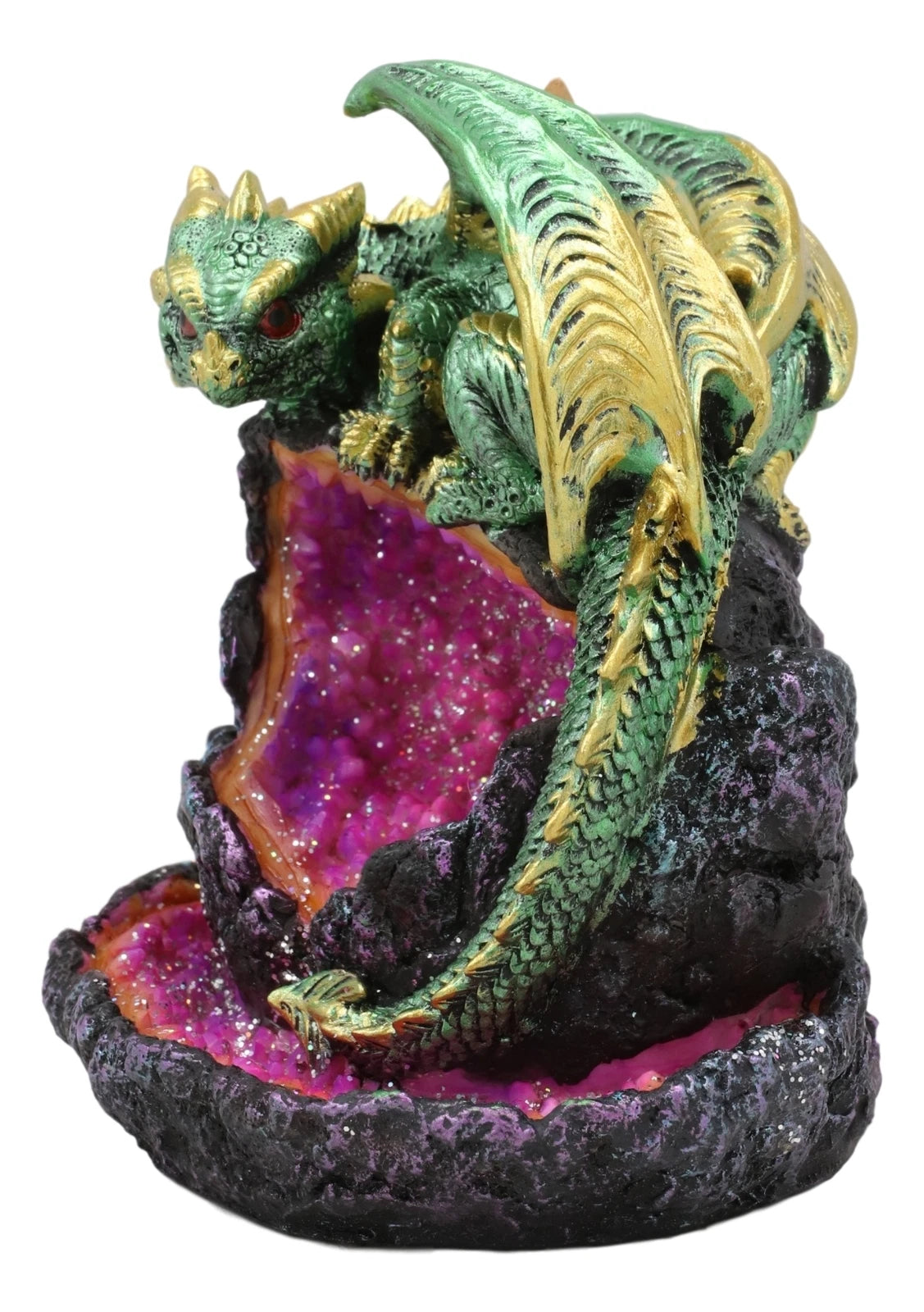 Wyrmling Dragon On Crystal Geode Rock Backflow Incense Burner Statue With LED-7