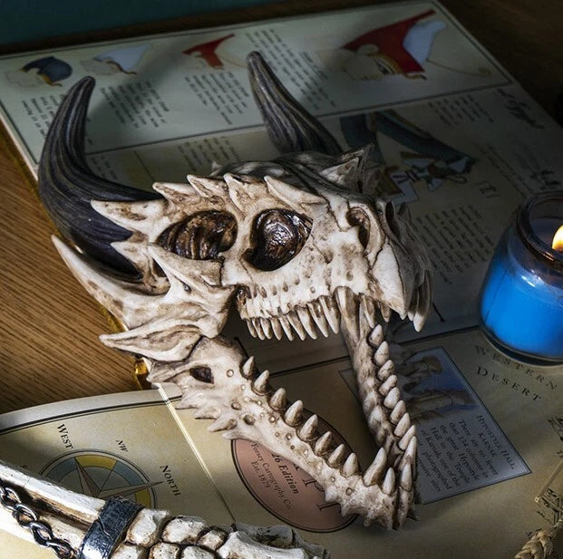 Decoración de pared con calavera de dragón, figura realista de cabeza de dragón Beowulf jurásico fósil para pared, estante, repisa o sala de fantasía gótica.-8
