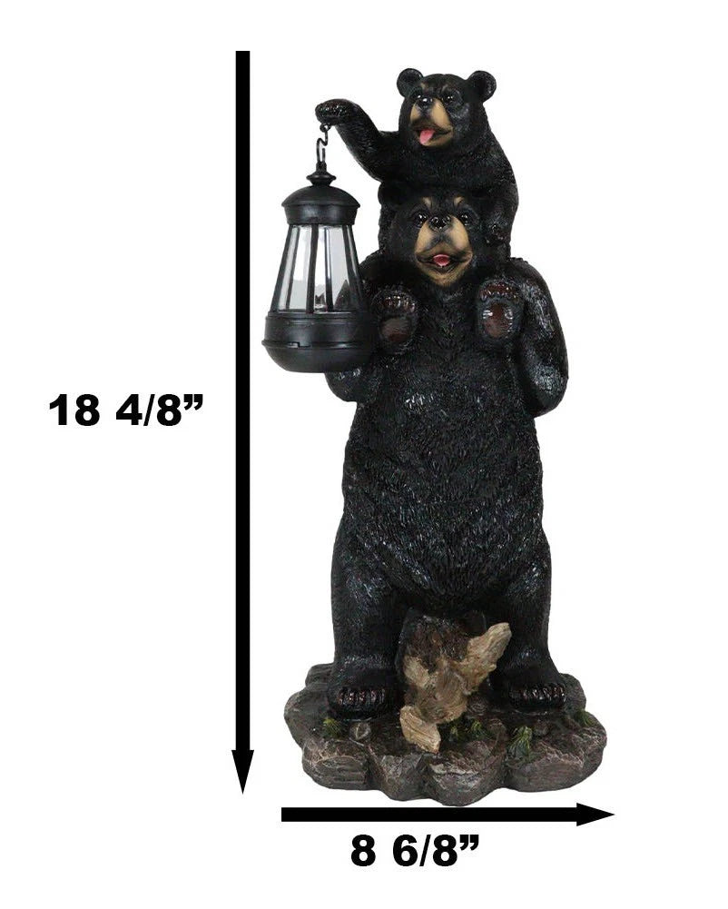 Rustic Black Bear Carrying Cub On Shoulder Statue Solar LED Lantern Light Decor-6