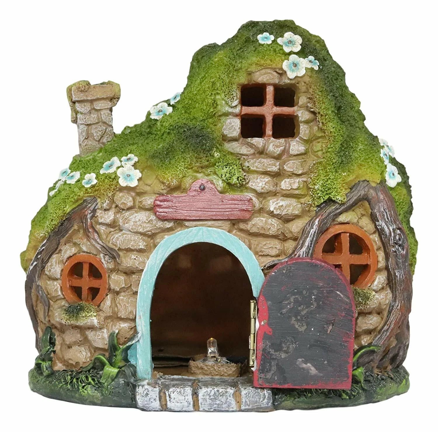 LED Light Up Enchanted Fairy Garden Stone Cottage House W/ Moving Door-5