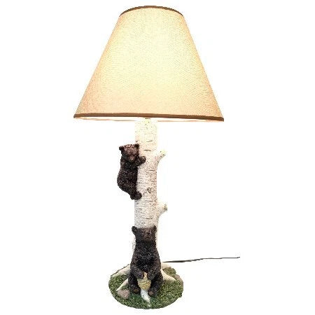Climbing Black Bear Cub On Birchwood Tree With Mother And Beehive Table Lamp-4