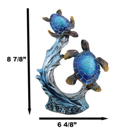 Nautical Blue Sea Turtle And Baby Swimming By Ocean Currents And Waves Figurine-4