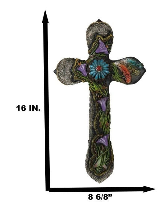 Colorful Floral Blooms And Vines With Southwestern Feathers Wall Cross Plaque-6