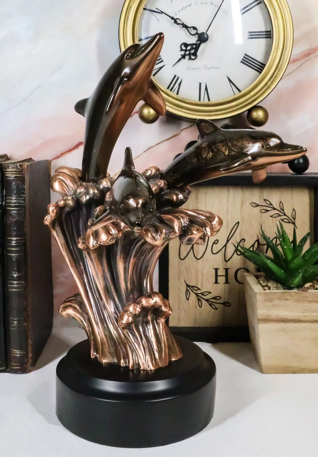 Bronze Electroplated Three Bottlenose Dolphins Riding Over Ocean Waves Statue