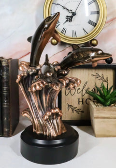 Bronze Electroplated Three Bottlenose Dolphins Riding Over Ocean Waves Statue-2