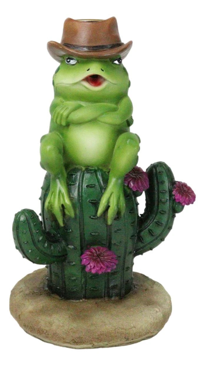 Western Outlaw Cowboy Frog On Cactus Backflow Incense Cone Burner Figurine-2