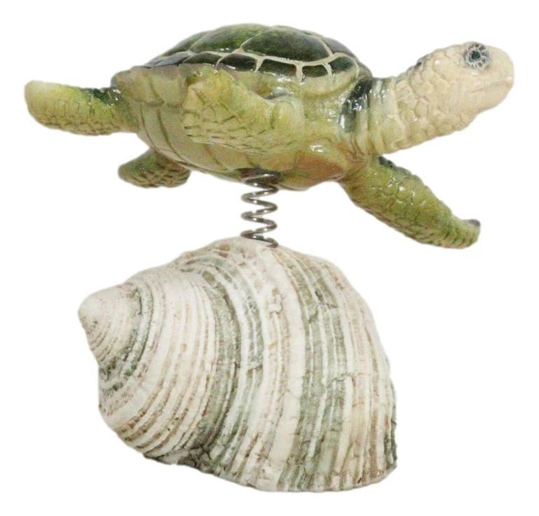 Marine Green Sea Turtle Swimming Over Partridge Tun Shell Spring Bobble Figurine-7