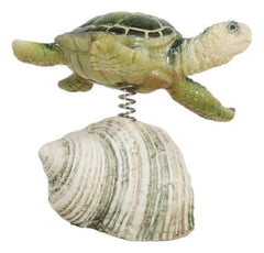 Marine Green Sea Turtle Swimming Over Partridge Tun Shell Spring Bobble Figurine-7
