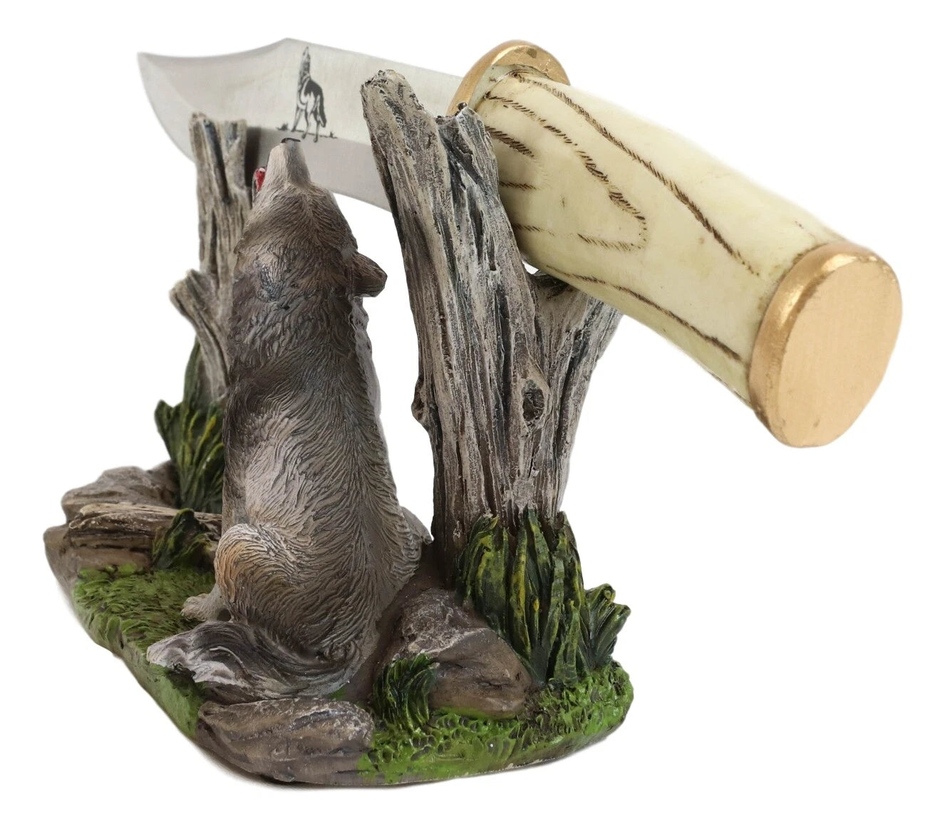 Rustic Forest Howling Gray Wolf Display With Decorative Dagger Knife Statue Set-5