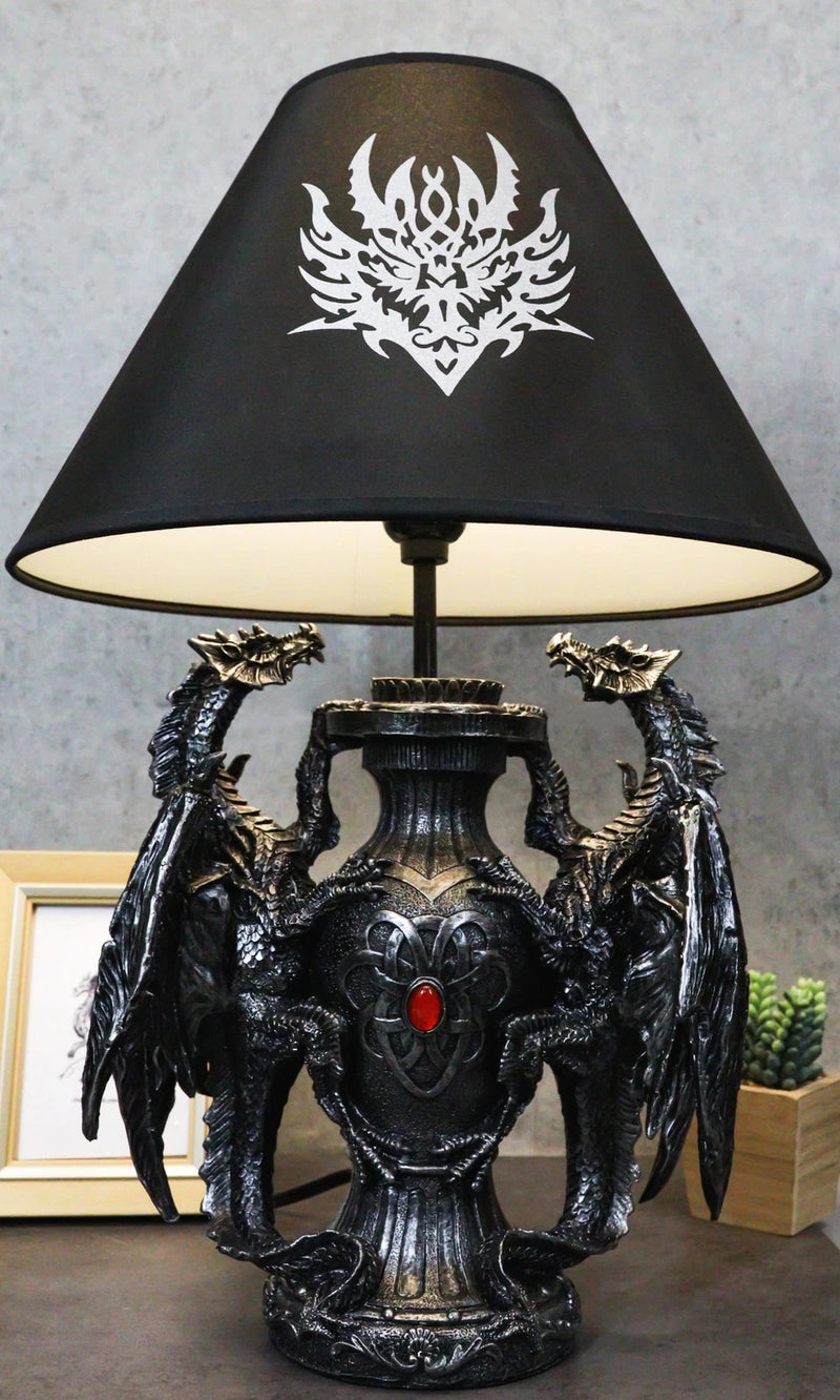 Lámpara de mesa de escritorio con diseño de dragón doble trepador gótico, estatua decorativa y pantalla de 48 cm de alto-4
