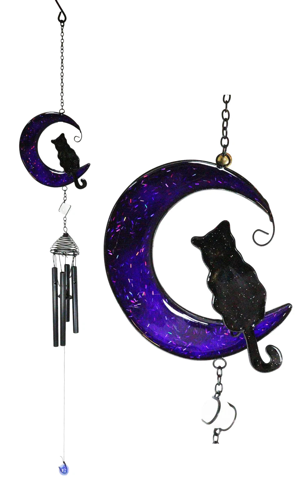 Witchcraft Black Cat On Purple Crescent Moon Stained Glass Wind Chime Suncatcher-7