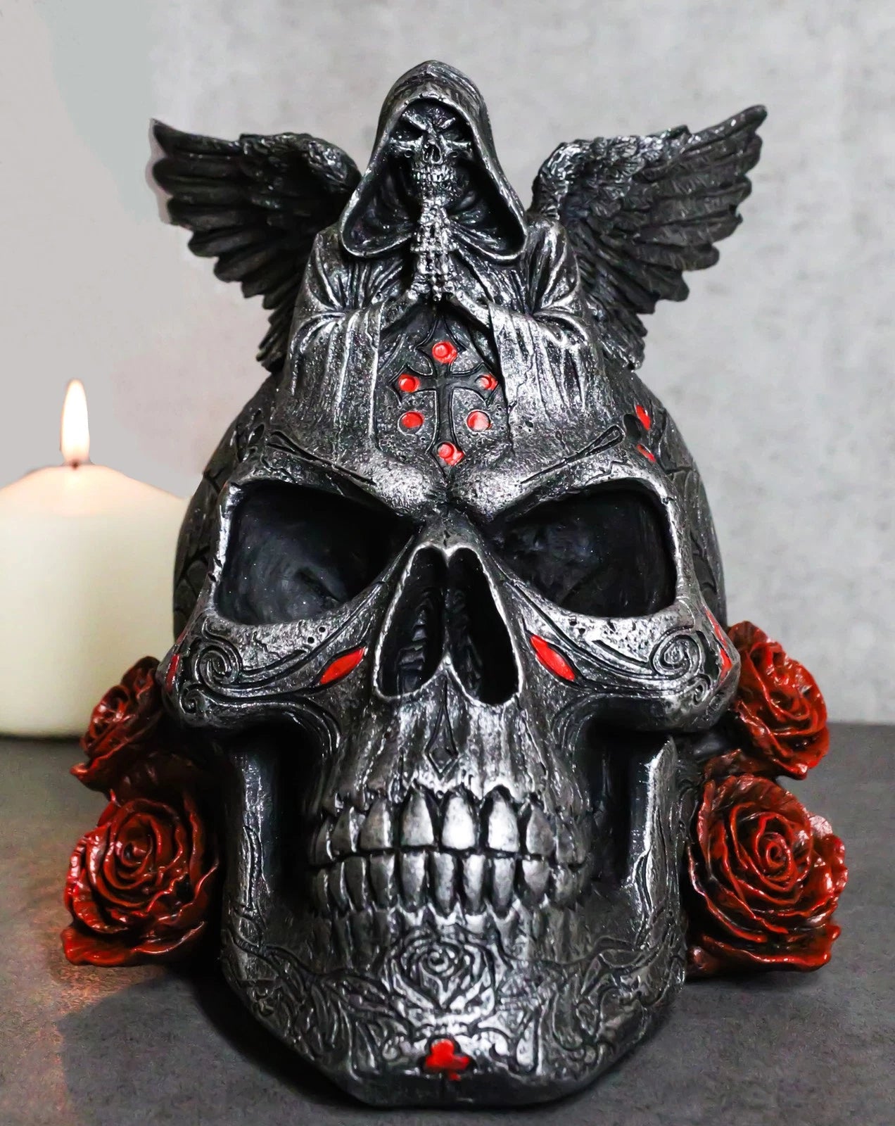 Grim Reaper Skeleton Angel Of Death Praying On Tribal Skull Red Roses Figurine